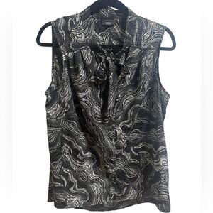 Black & White Patterned Sleeveless Blouse with tie neck, high/low hem, buttons